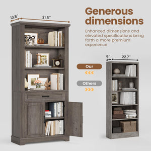 6-Tier Farmhouse Bookcase with Doors, Drawer & Adjustable Shelves – 70" Tall