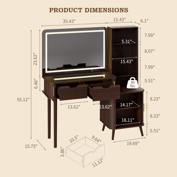 51" Fluted Makeup Vanity Desk with Mirror & Lights