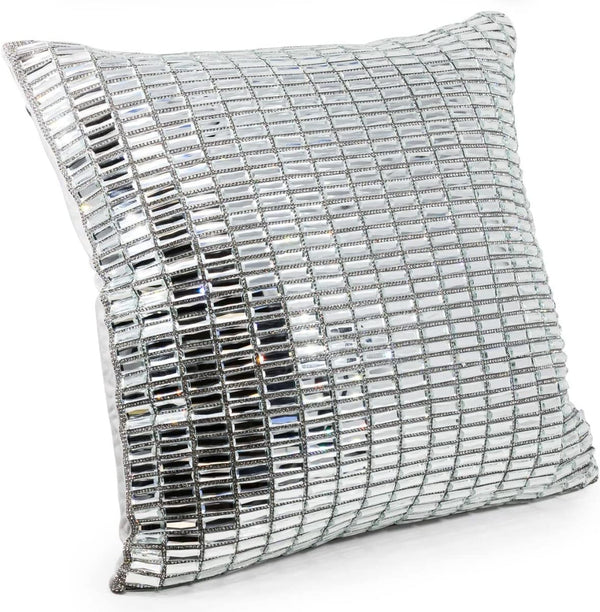 Silver Velvet Throw Pillow with Glass Rhinestones 16x16