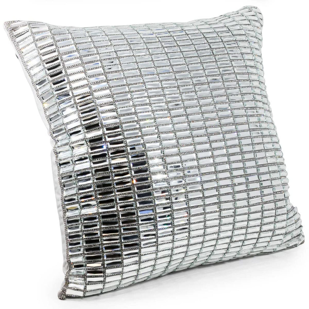 Silver Velvet Throw Pillow with Glass Rhinestones 16x16