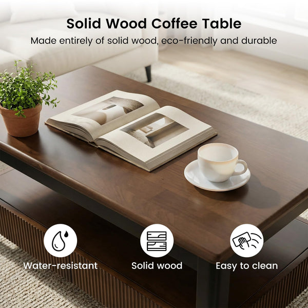 Mid-Century Solid Wood Fluted Coffee Table with Drawers & Open Shelf