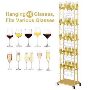 5-Tier Floor Standing Champagne Glass Rack with Wheels – 40-Glass Gold Metal Stand