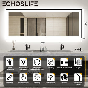 96x36 Large LED Bathroom Mirror with Front & Backlit, Anti-Fog, Dimmable, 3 Color Temperatures