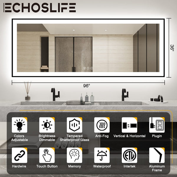 96x36 Large LED Bathroom Mirror with Front & Backlit, Anti-Fog, Dimmable, 3 Color Temperatures