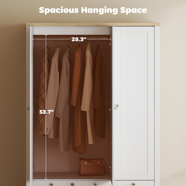 3-Door Armoire Wardrobe Closet with 2 Drawers and Hanging Rod