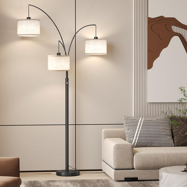 3-Light Arc Floor Lamp with Linen Drum Shades