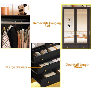 3-Door Wardrobe Closet with Mirror & LED Lights