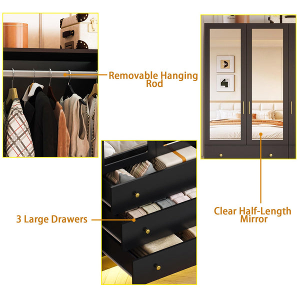 3-Door Wardrobe Closet with Mirror & LED Lights