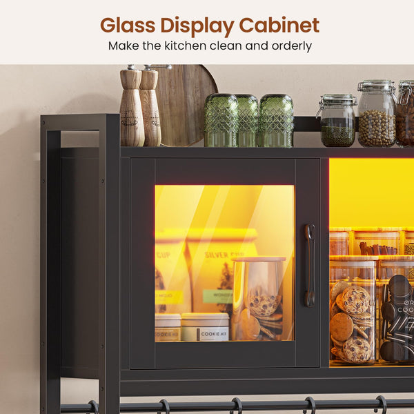 Bakers Rack with Power Outlet, LED Light & Storage Cabinet