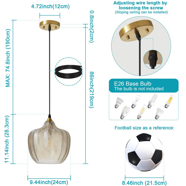 Amber Glass Pendant Light – Adjustable Gold Farmhouse Ceiling Fixture