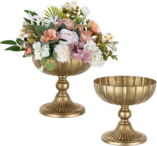 Gold Compote Vase for Centerpiece – Distressed Brass Pedestal Bowl