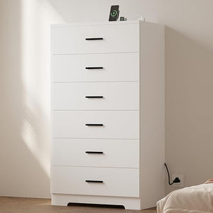 6-Drawer Tall Dresser with Charging Station & Metal Handles