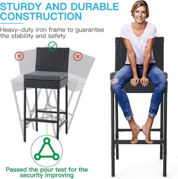 Outdoor Wicker Bar Stools Set of 4 with Cushion