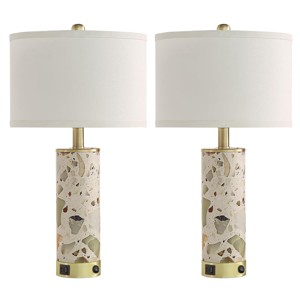 Stone Table Lamp with Night Light & USB Ports – Set of 2