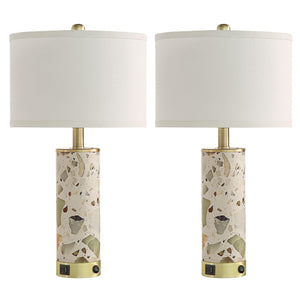 Stone Table Lamp with Night Light & USB Ports – Set of 2