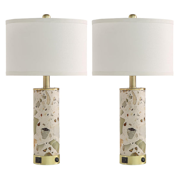 Stone Table Lamp with Night Light & USB Ports – Set of 2
