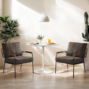 Mid-Century Modern Accent Armchair with Wood Armrests – Linen Upholstered Reading Chair