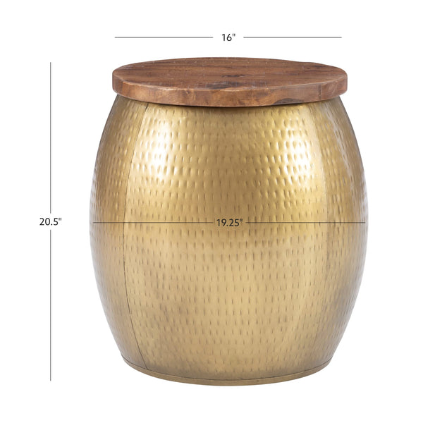 Hammered Metal Storage Drum Side Table with Wood Top