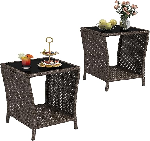 Outdoor Wicker Side Table Set of 2 with Tempered Glass Top & Storage Shelf
