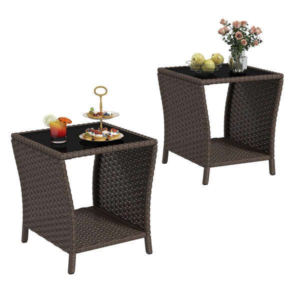 Outdoor Wicker Side Table Set of 2 with Tempered Glass Top & Storage Shelf