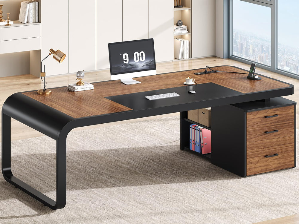 70.9" Executive Desk with File Cabinet, Drawers & Charging Station