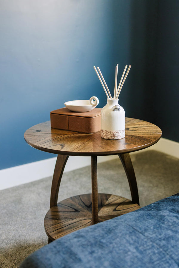 Round Wood End Table with Lower Shelf – Mid-Century Modern, Nutmeg Brown