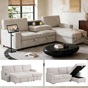 L-Shaped Sectional Sleeper Sofa with Storage & Cup Holders