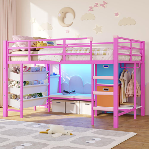 Twin Size Low Loft Bed with LED Lights, Bookshelf & Storage