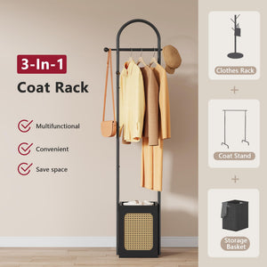 Coat Rack Stand with Rattan Design & Wooden Base