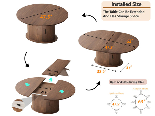 63 Inch Extendable Round Dining Table with 2-Tier Storage Shelf for 2-4-6