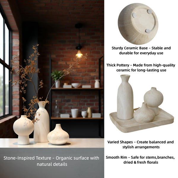 White Ceramic Vase Set of 3 – Stone Texture Decorative Pottery