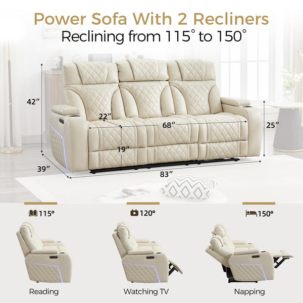 Power Recliner Sofa with Adjustable Headrest & LED Lights