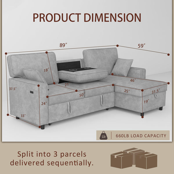 L-Shaped Sectional Sleeper Sofa with Storage & Cup Holders