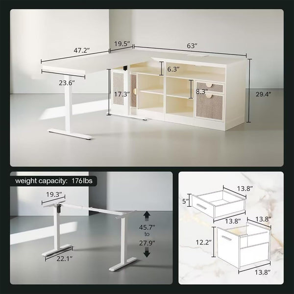 L-Shaped Electric Standing Desk with Storage & Charging Station