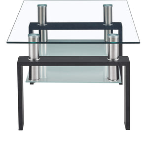 Rectangle Glass Coffee Table with Lower Shelf & Black Metal Legs