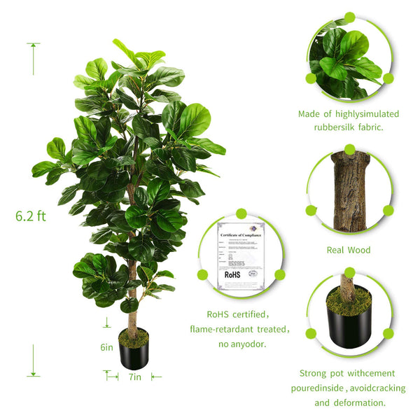 Artificial Fiddle Leaf Fig Tree with Real Wood Trunk & Cement Pot