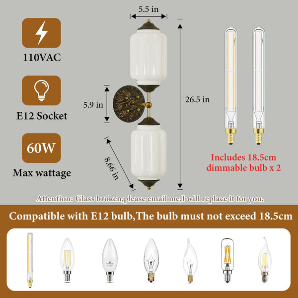 Vintage Milk Glass Bathroom Vanity Wall Sconce – Dimmable, Vertical or Horizontal Mount