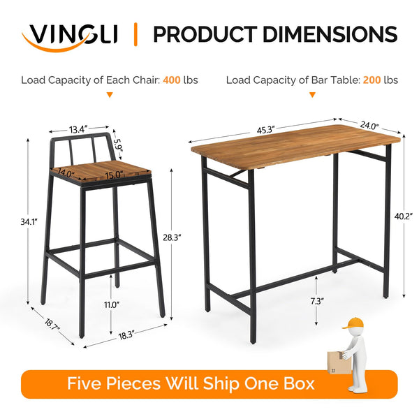 5-Piece Acacia Wood Outdoor Patio Bar Set with 4 Chairs