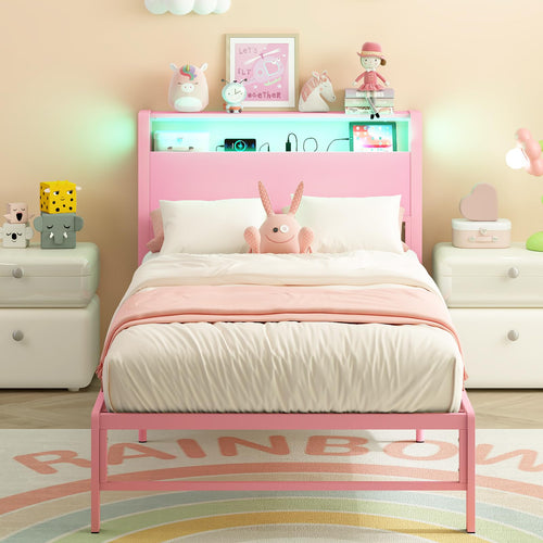Twin Bed Frame with Storage Headboard, LED Light & Charging Station