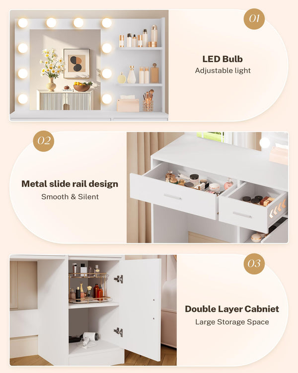 Lighted Makeup Vanity Desk with Mirror, Drawers & Storage Cabinet – White