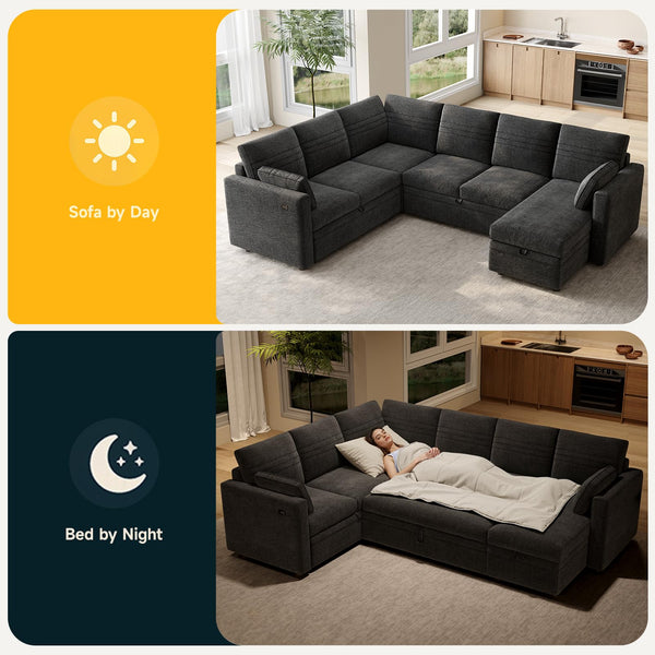 Modular Sectional Sleeper Sofa with Pull-Out Bed | 6-Seat U-Shaped Couch with Storage & USB Ports