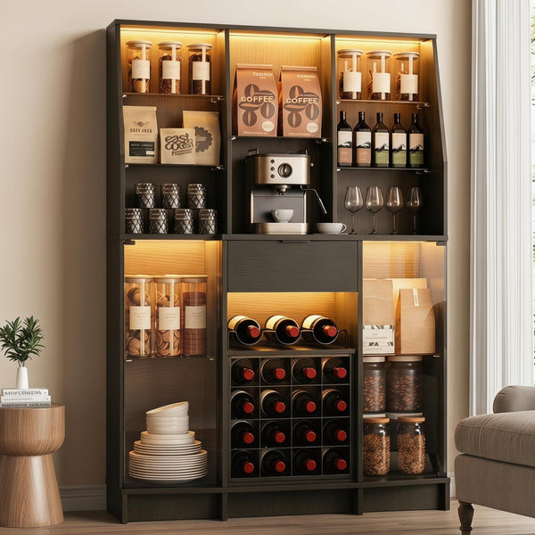 Wine Bar Cabinet with LED Lights & Glass Doors