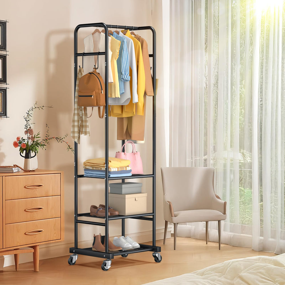 Freestanding Clothes Rack with Wheels & 3 Shelves