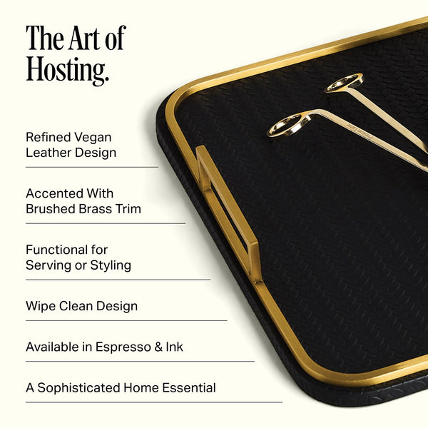 Vegan Leather Decorative Tray with Brushed Brass Handles