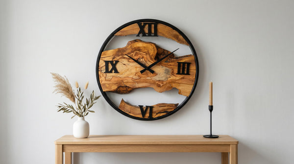Olive Wood Wall Clock – Live Edge Silent Non-Ticking