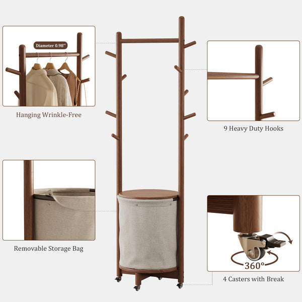 Freestanding Wood Coat Rack with Hooks, Wheels & Fabric Basket