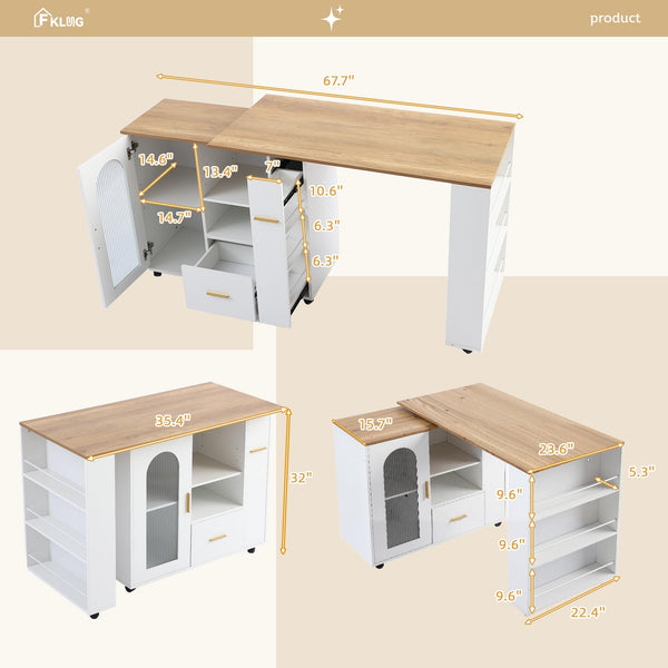 Rolling Kitchen Island with Extendable Table & Storage