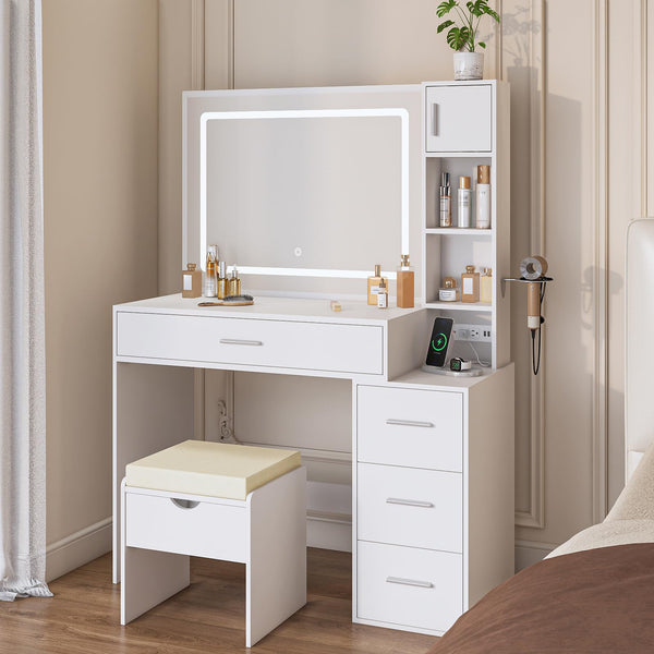 LED Lighted Vanity Desk with Sliding Cabinet, Drawers & Storage Stool