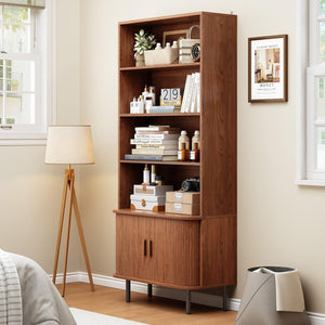 71" 4-Tier Bookshelf with Sliding Door Storage Cabinet