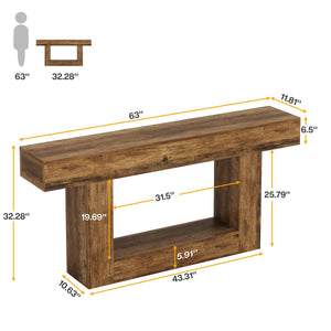 63-Inch Farmhouse Console Table with U-Shaped Base & Lower Shelf